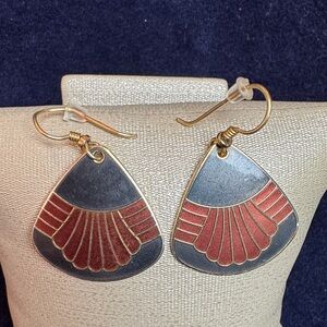 Laurel Burch VTG Elegant Gold, Navy, Red Fan Pierced Earrings